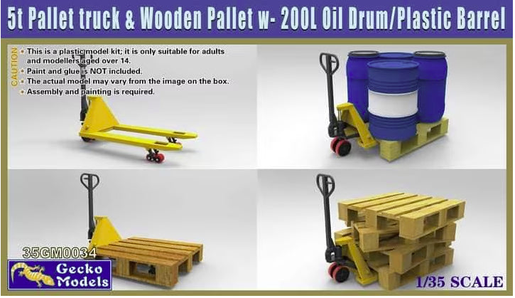 1/35 5t Pallet Truck & Wooden Pallet with 200 Litre Oil Drum and Plastic Barrel
