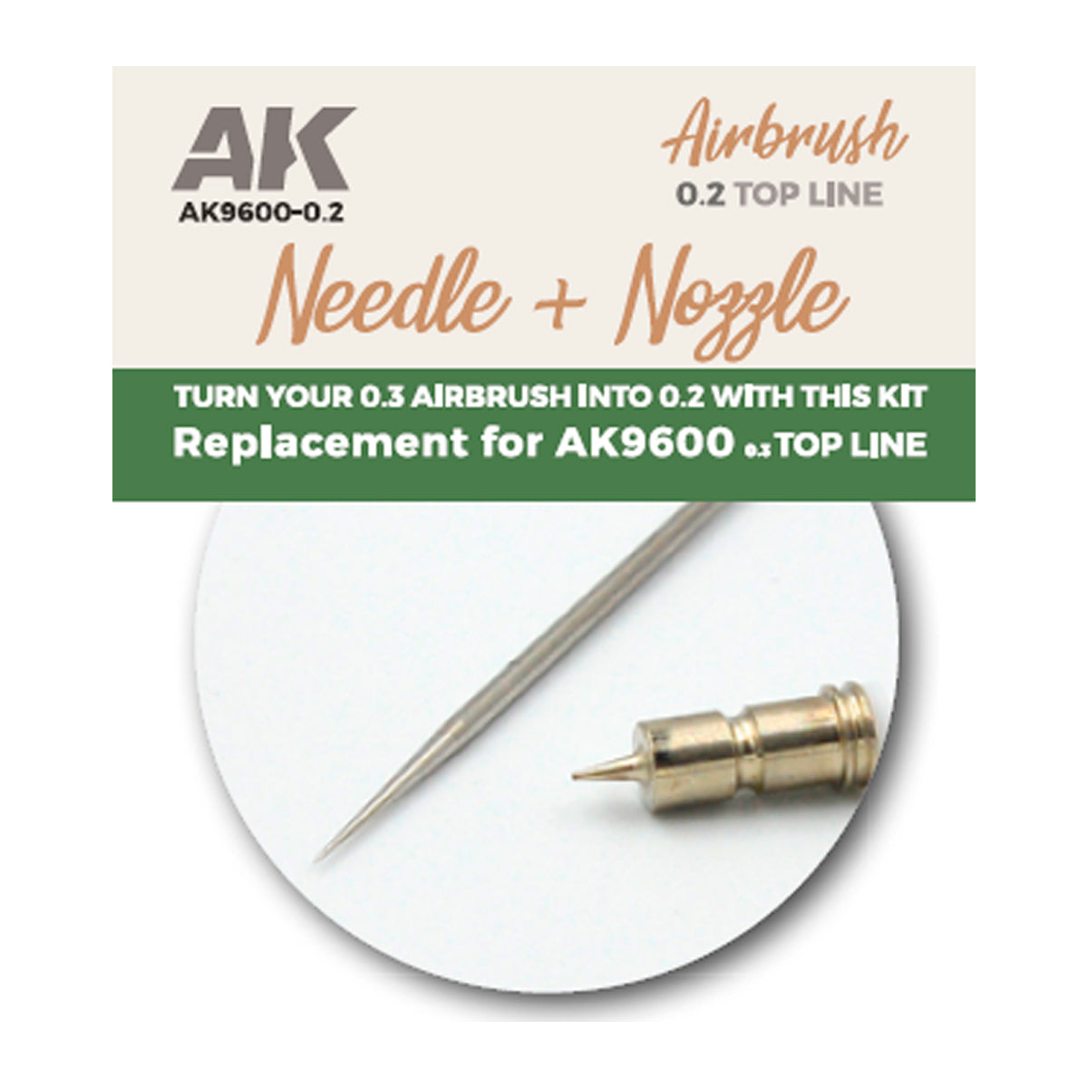 NEEDLE + NOZZLE 0.2 TOP LINE. REPLACEMENT FOR AIRBRUSH AK9600 0.3 TOP LINE