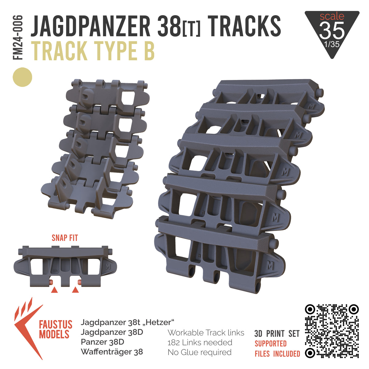 JAGDPANZER 38T TRACKS TYPE B - SNAP IN! - 1/35 3D PRINT