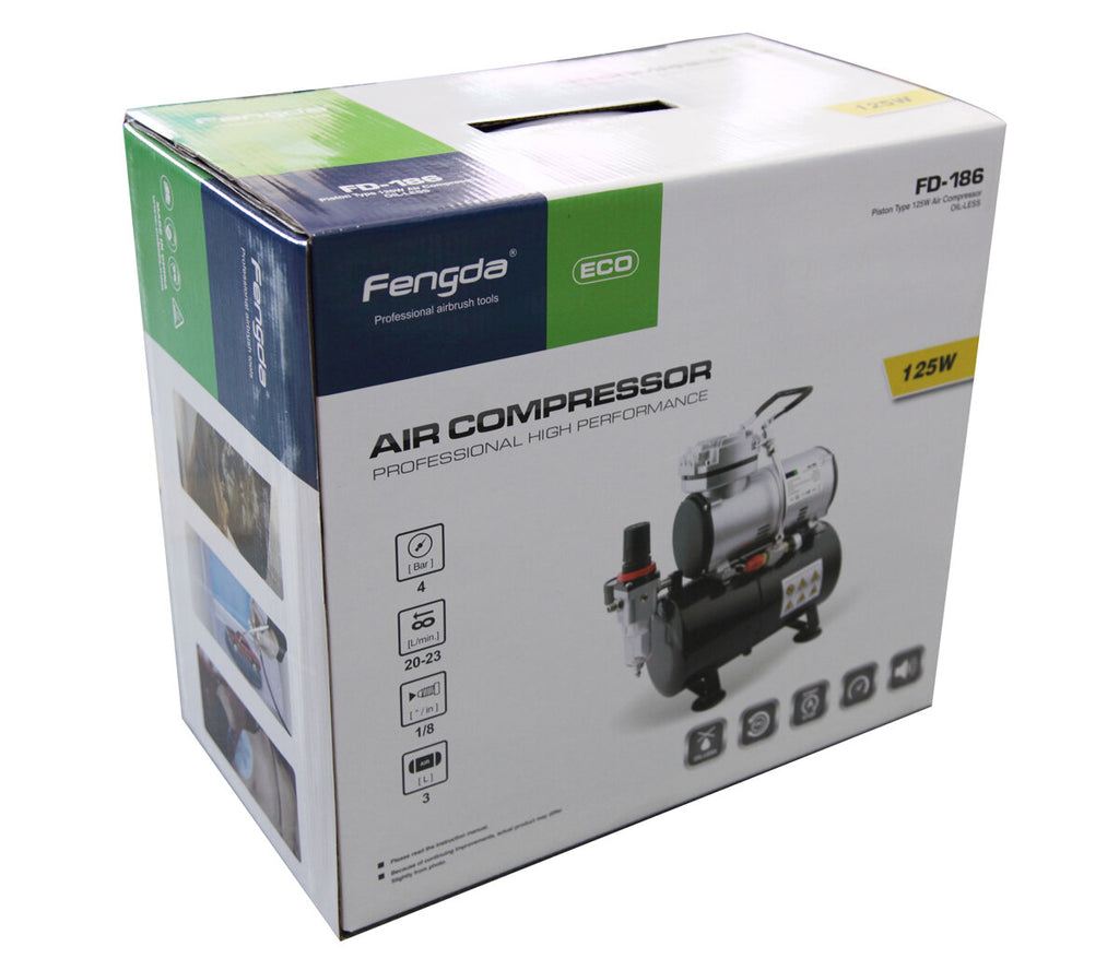 Airbrush mini compressor with air reservoir, single piston oil-free compressor