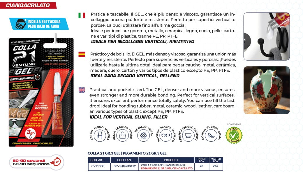 COLLA 21 CIANOACRILATO 3 GR. GEL BLISTER