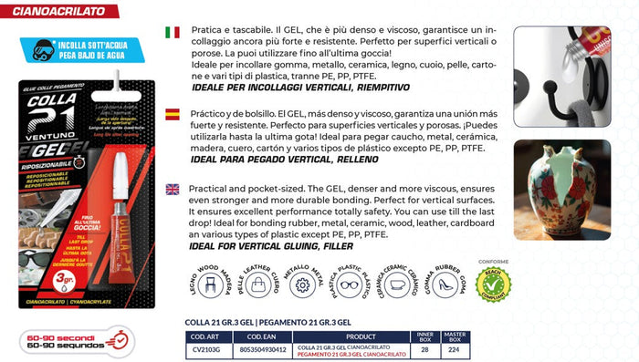 COLLA 21 CIANOACRILATO 3 GR. GEL BLISTER