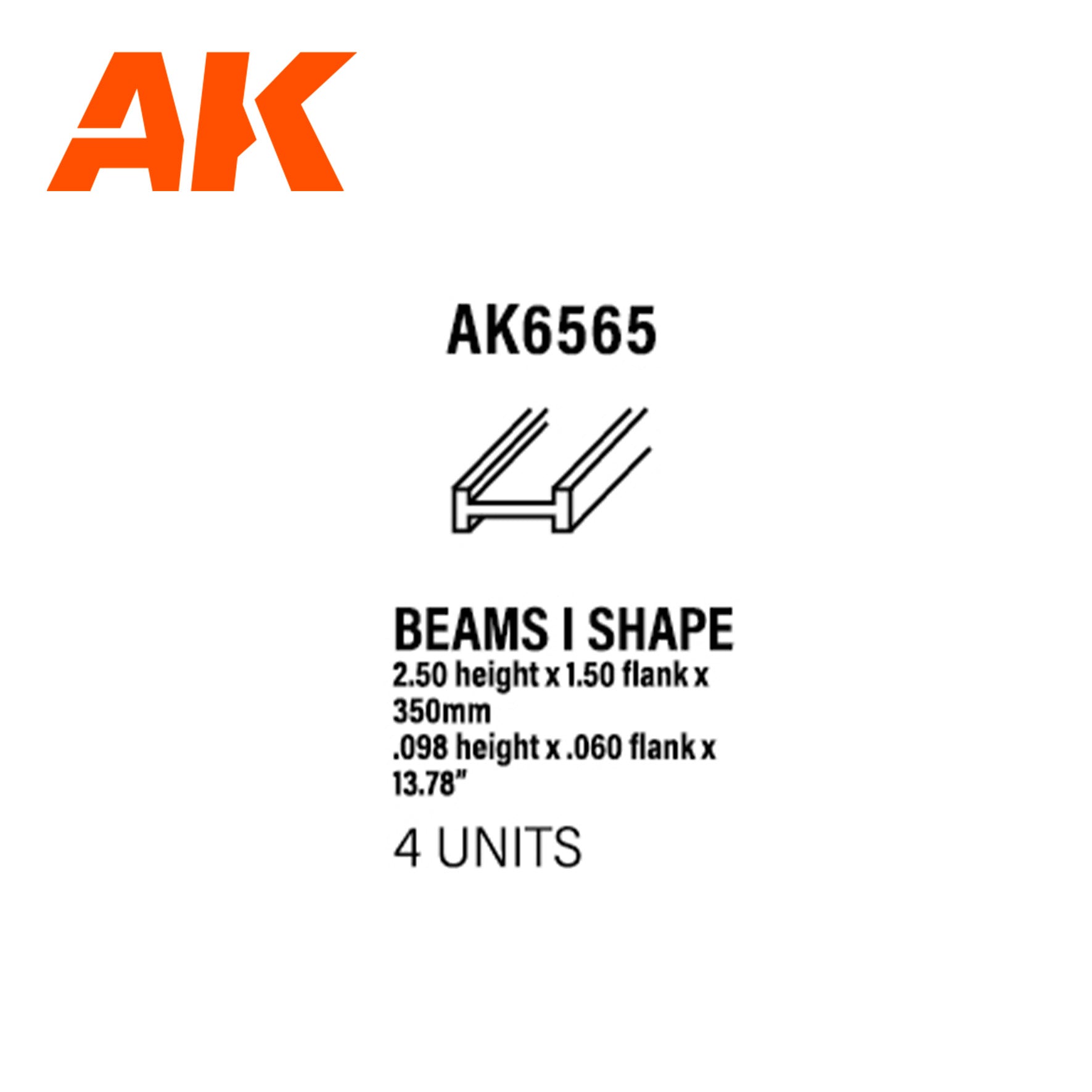 Beams I Shape 2.5 x 1.5 x 350mm x 4 units - STYRENE